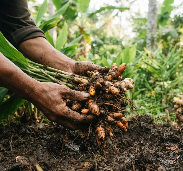 Hands pulling freshly harvested turmeric roots from garden soil