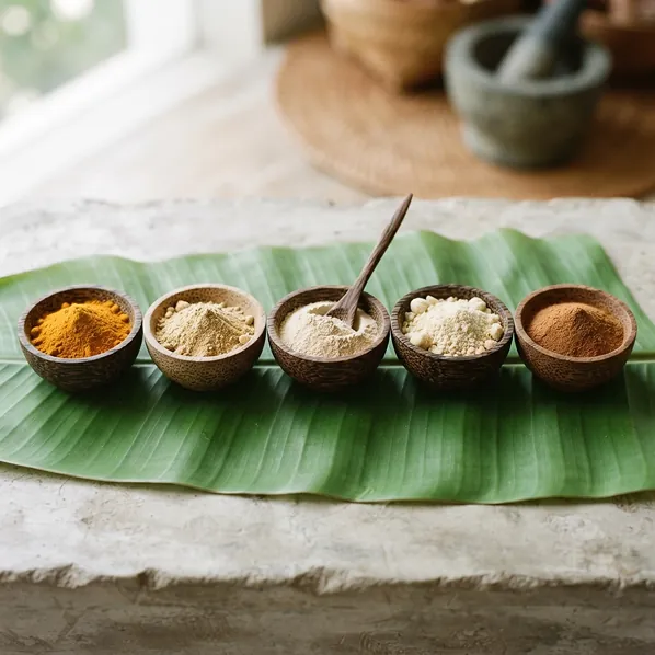 Five spice powders in small wooden bowls on a banana leaf