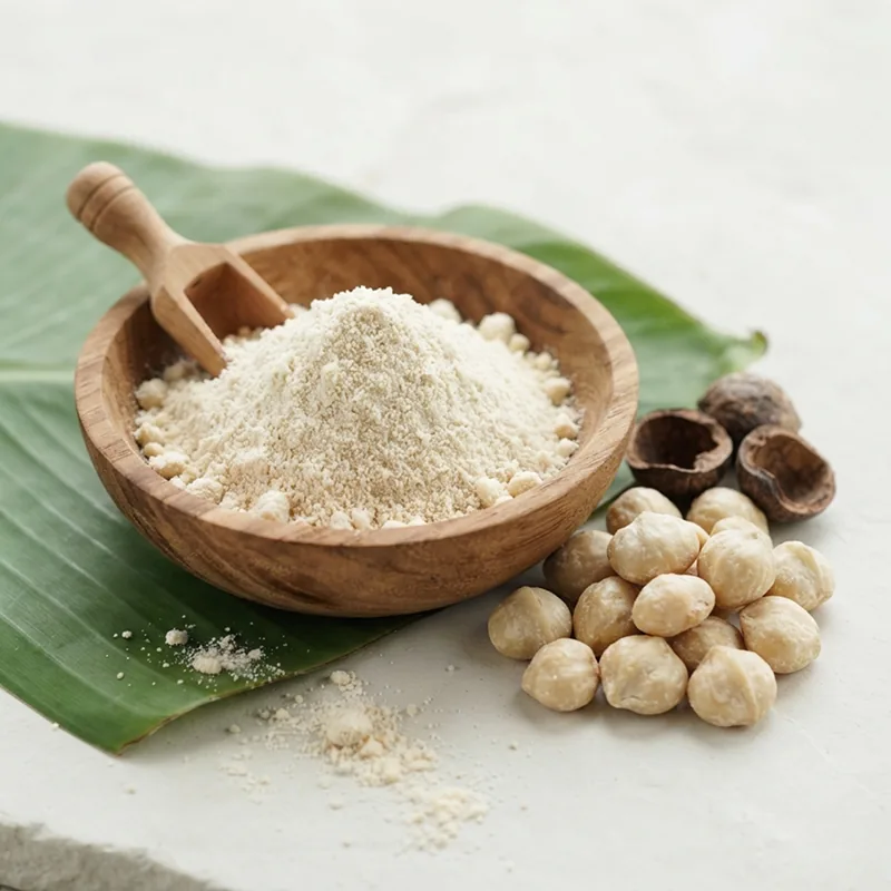 Candlenut powder beside whole candlenuts
