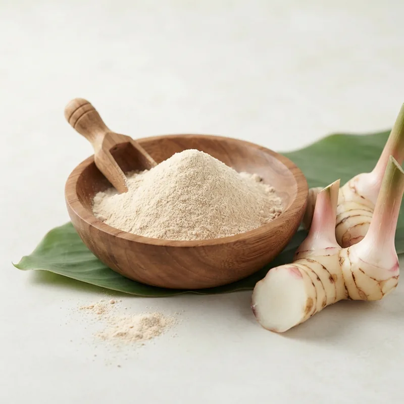 Galangal powder beside fresh galangal root