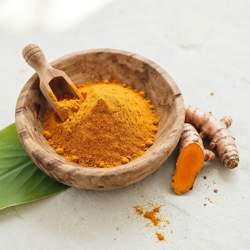 Turmeric powder in a bowl beside fresh turmeric root